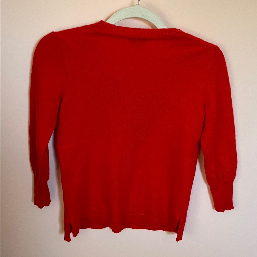 J. CREW 100% Cashmere Crewneck Sweater Red Leopard Print Heart 3/4 Sleeve XS - Picture 9 of 11